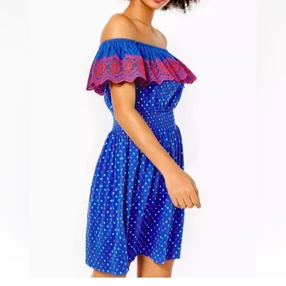 NWT Lilly Pulitzer XS Off The Shoulder Blue Pink Embroidered Kalama Mini Dress - Picture 2 of 11